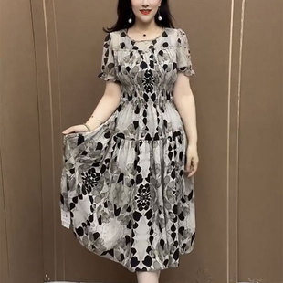 洋气减龄短袖 新款 圆领妈妈中长裙 收腰显瘦连衣裙女士2023夏季 法式