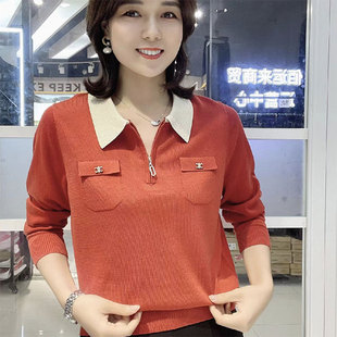 长袖 高档半拉链翻领针织衫 女2023秋季 新款 宽松遮肚减龄妈妈打底衫