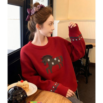 红色小马提花长袖圆领针织毛衣女