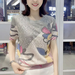 减龄气质印染烫钻圆领2023夏装 女装 新款 t恤大码 洋气 短袖 高档时尚