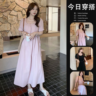 法式串珠圆领收腰设计连衣裙女夏季新款宽松显瘦洋气减龄短袖裙子