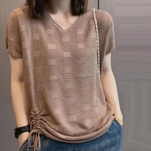 新款 v领纯色2023夏装 短袖 针织衫 宽松显瘦女士 时尚 t恤薄款 百搭韩版