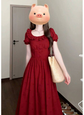 复古法式花边领红色连衣裙2026新款女夏季收腰显瘦气质高级感长裙