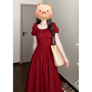 复古法式花边领红色连衣裙2026新款女夏季收腰显瘦气质高级感长裙