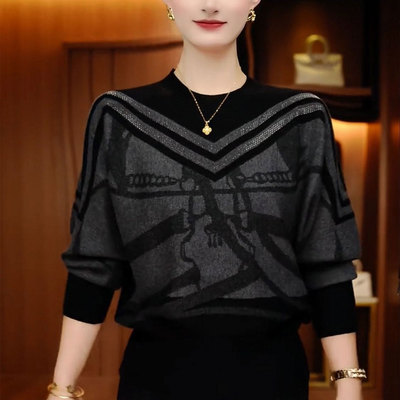 妈妈装时尚提花烫钻长袖针织衫女