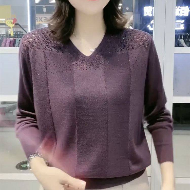 高档烫钻v领套头针织衫长袖女士图片