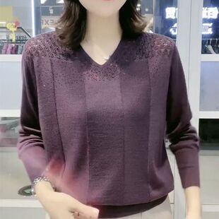 高档烫钻针织毛衣v领2023秋季 长袖 女士大码 宽松百搭洋气上衣 新款