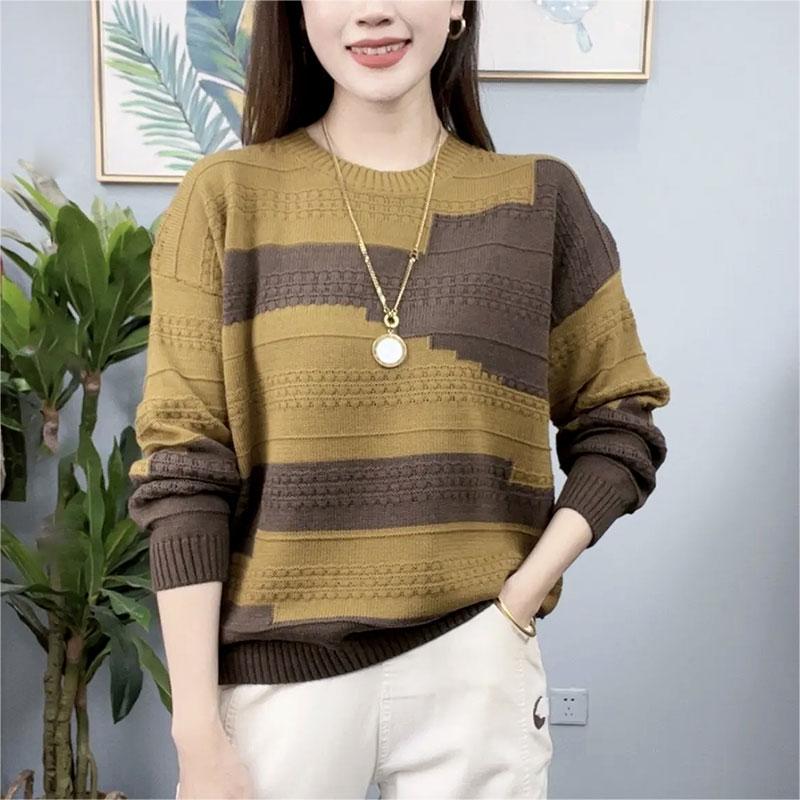 针织圆领拼色毛衣妈妈装长袖宽松