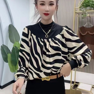 韩版洋气长袖半高领两面穿拼色衬衣2023秋冬新款宽松遮肉打底衫女