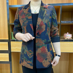 女士2023新款 秋装 西装 花色长袖 宽松显瘦高档洋气中年妈妈外套 大码