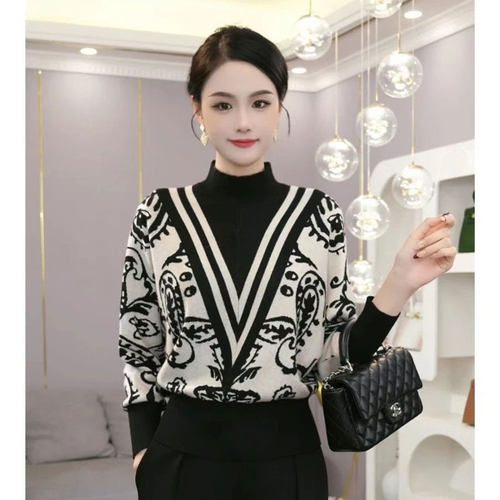 半高领拼色针织衫妈妈装打底衫女