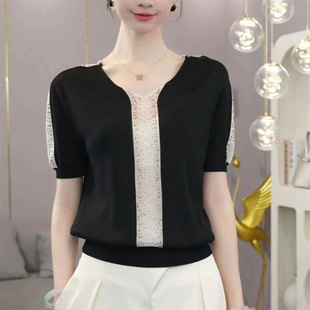 2025夏季新款洋气V领烫钻短袖针织衫女士时尚妈妈装宽松显瘦上衣