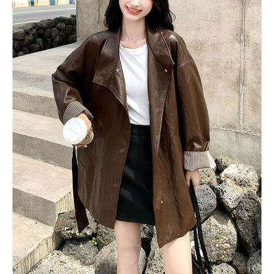 秋季显瘦休闲系带收腰夹克皮衣女