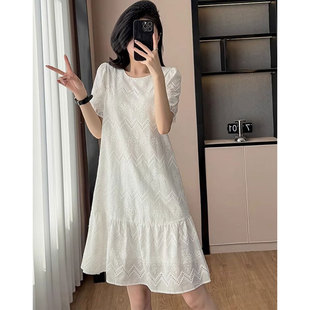 时尚 新款 休闲减龄妈妈中长裙 洋气连衣裙女2025夏季 宽松设计感短袖