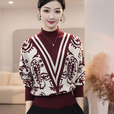 半高领时尚宽松提花针织衫长袖女