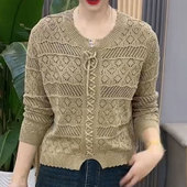 系带镂空针织衫 女2024秋季 新款 时尚 洋气减龄宽松百搭纯色长袖 上衣