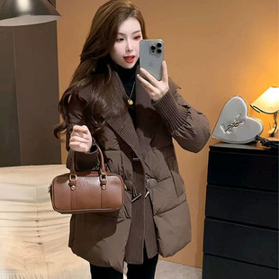 韩版百搭加厚保暖棉服外套女冬季新款宽松洋气拼接针织棉衣妈妈装