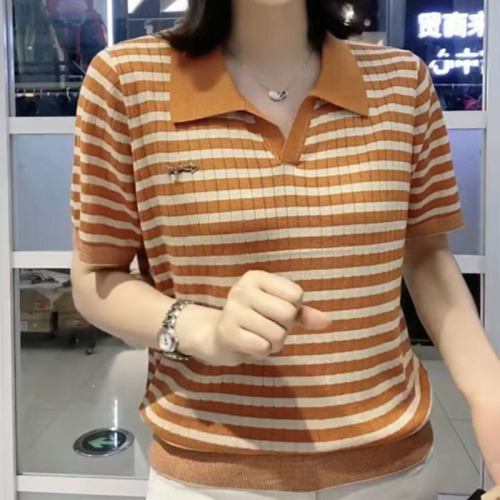 翻领条纹针织衫短袖中年女装百搭