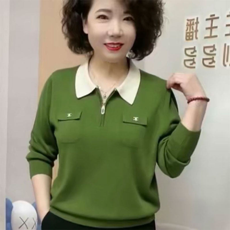 时尚翻领长袖中老年妈妈装针织衫