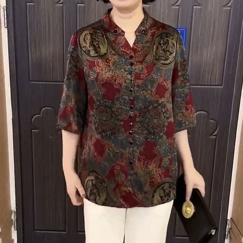 高端中老年妈妈装七分袖2023早秋新款宽松休闲复古印花百搭上衣女