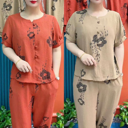 印花两件套圆领松紧腰洋气休闲女