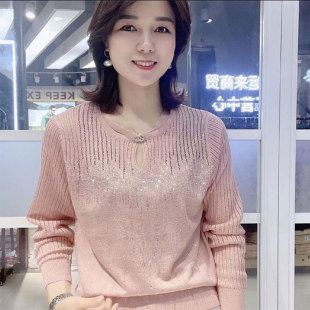 洋气减龄长袖 2023秋季 新款 宽松遮肚高档妈妈女上衣 烫钻针织打底衫
