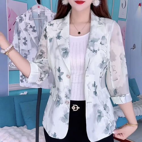 洋气七分袖印花西服外套妈妈装女
