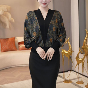 中国风复古印花长袖针织衫女装2025秋冬新款宽松遮肚洋气V领上衣
