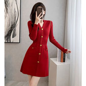 气质名媛小香风V领针织连衣裙女2023秋冬新款 收腰显瘦减龄a字裙子