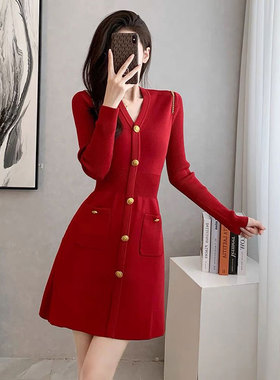 气质名媛小香风V领针织连衣裙女2023秋冬新款收腰显瘦减龄a字裙子