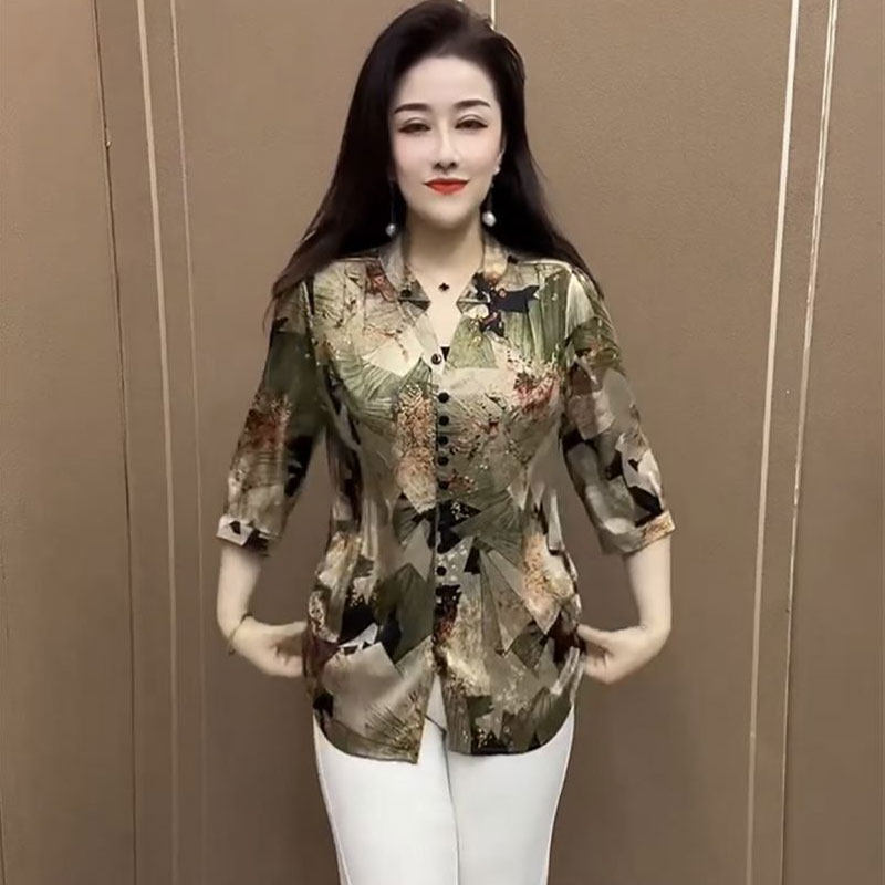 高端七分袖中年妈妈小衫女士2023夏季新款洋气宽松显瘦百搭上衣潮