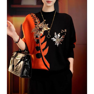 重工烫钻拼色长袖针织衫毛衣女2026春季新款宽松显瘦气质洋气上衣