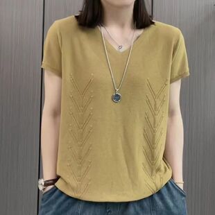 新款 休闲时尚 女士2023夏季 针织衫 宽松显瘦纯色百搭上衣潮 v领短袖