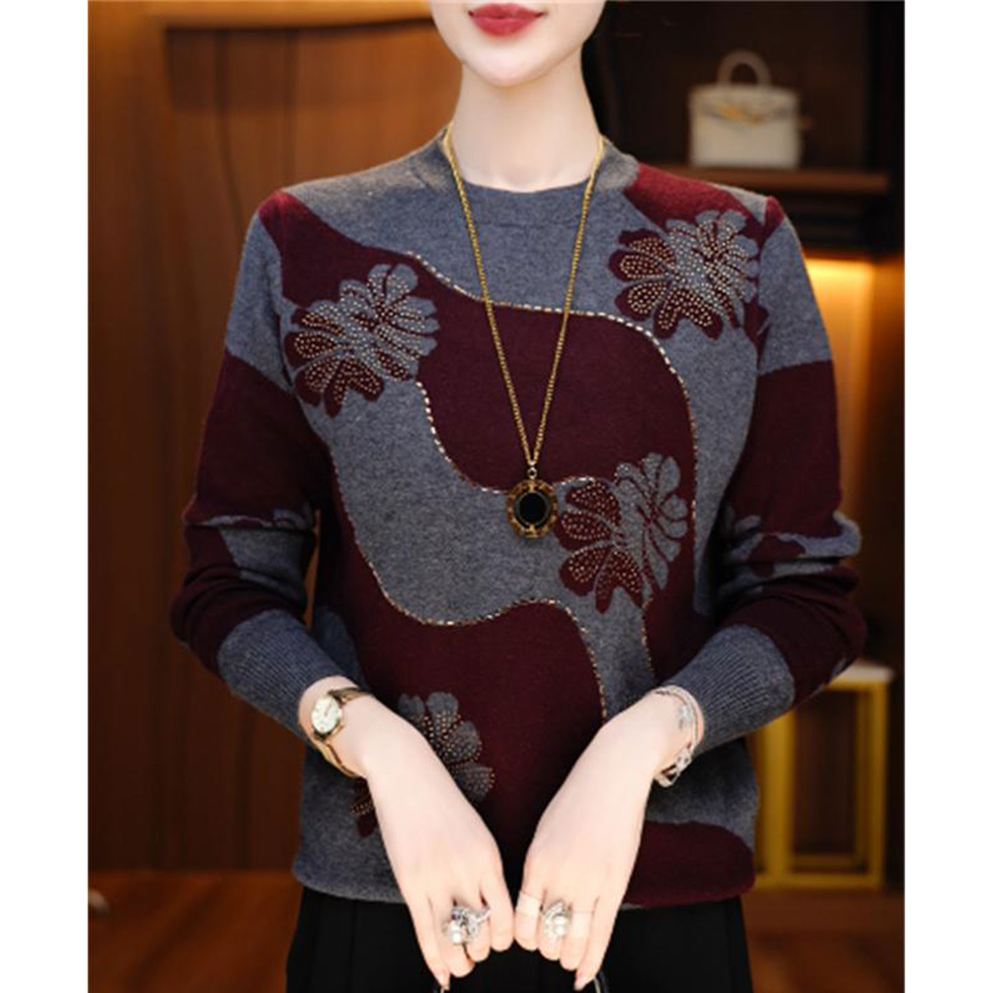 洋气百搭长袖拼色针织衫圆领女装