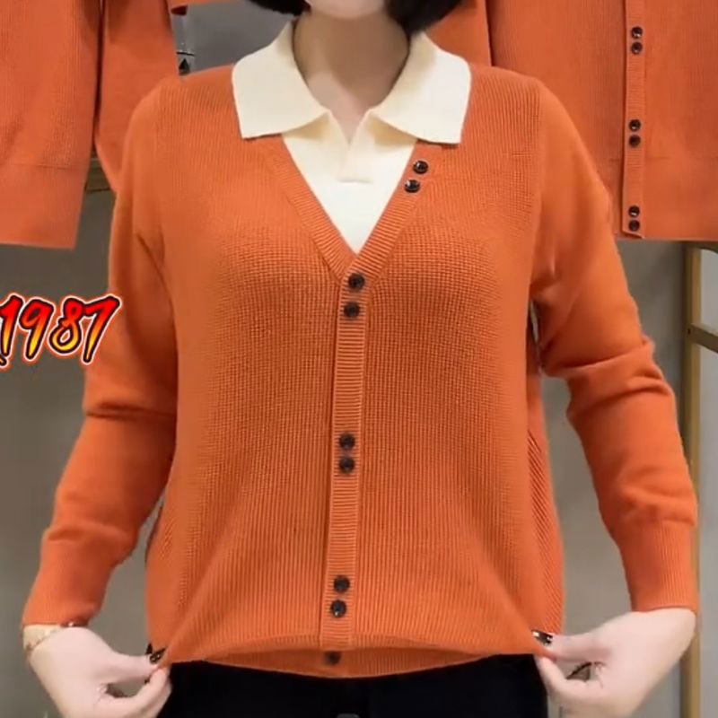 翻领套头假两件针织衫长袖时尚女