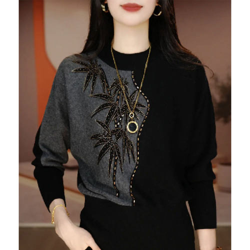 气质百搭拼色烫钻长袖针织衫减龄