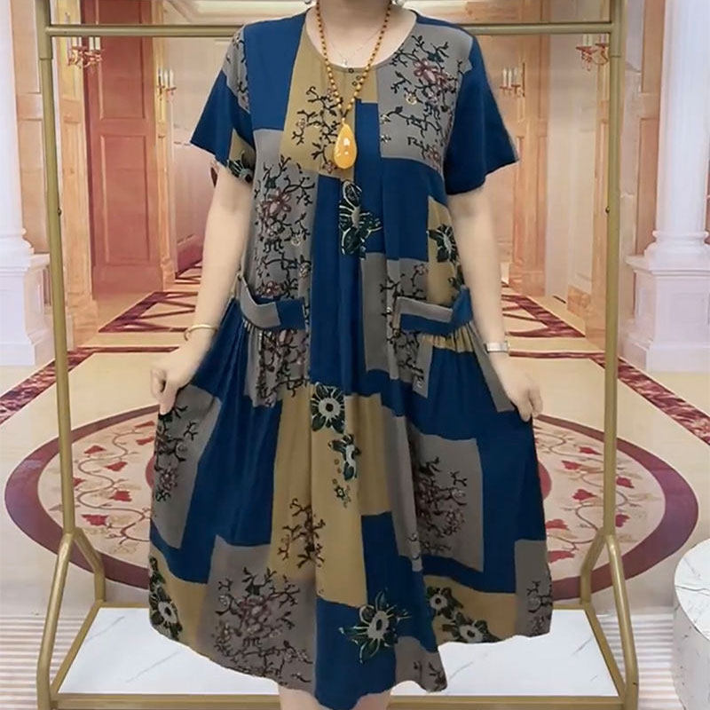 时尚短袖方格双兜大版连衣裙女士2023夏季新款宽松遮肚妈妈中长裙