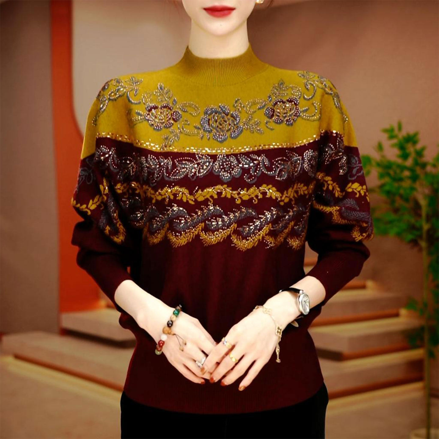 高端洋气烫钻撞色针织衫女2026春季新款宽松显瘦气质时尚长袖上衣,女装/女士精品,毛针织衫,淘宝优惠券,粉丝福利购,淘宝优惠卷