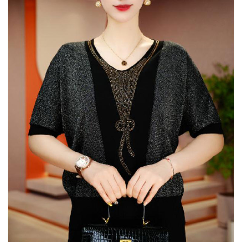 高档洋气烫钻短袖针织衫百搭女装