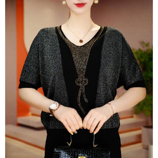 高档洋气烫钻短袖针织衫女士2025夏季新款宽松显瘦设计感妈妈上衣