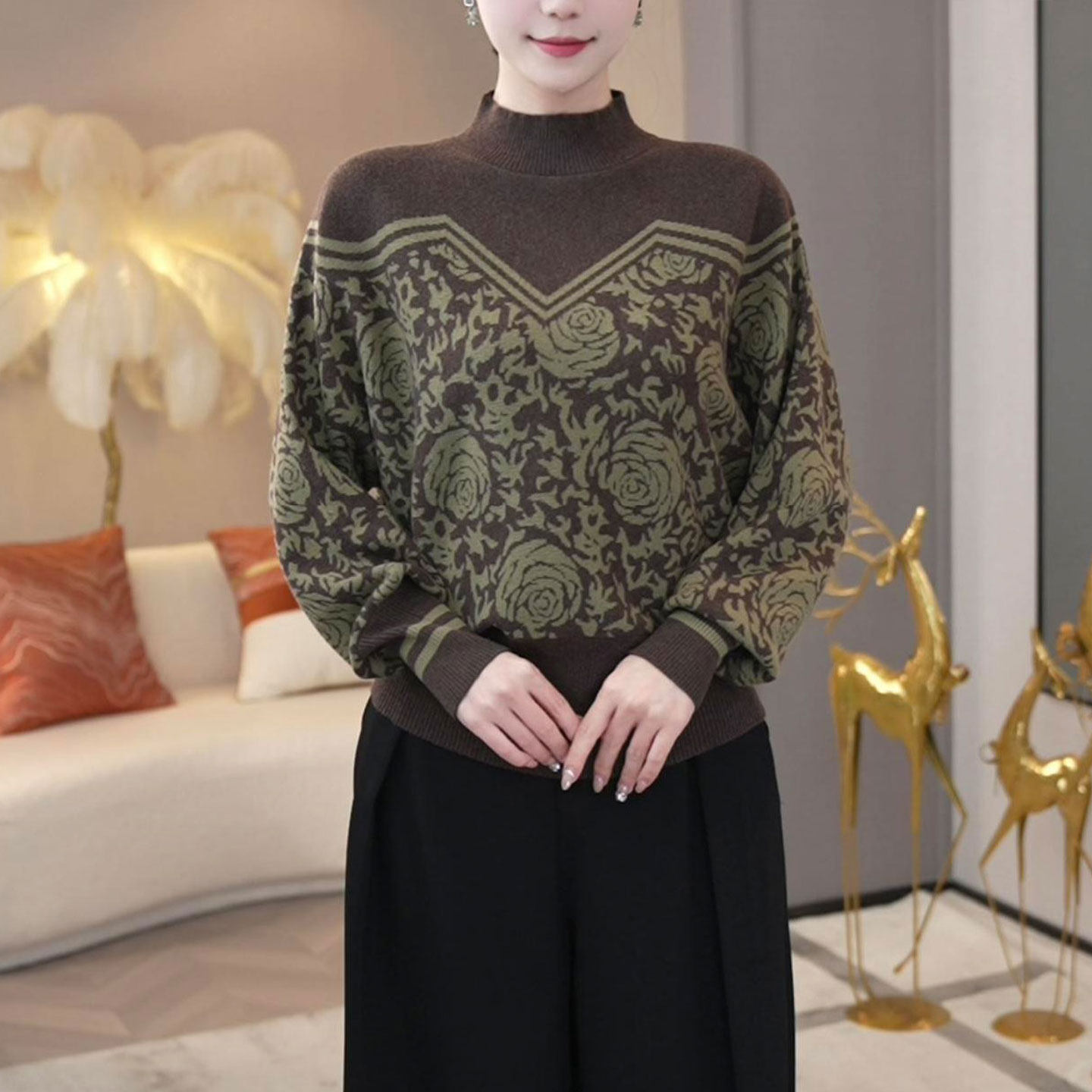 新款2025冬季时尚百搭提花长袖针织衫女洋气宽松显瘦内搭毛衣上衣,女装/女士精品,毛衣,淘宝优惠券,粉丝福利购,淘宝优惠卷