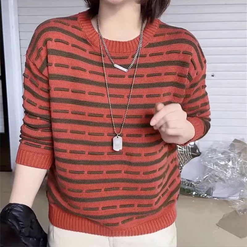 套头圆领条纹针织衫长袖休闲女装