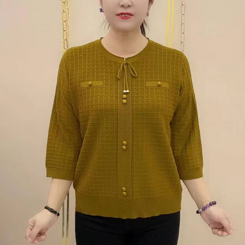 中老年妈妈七分袖针织衫女2025春秋新款宽松遮肚时尚百搭洋气上衣