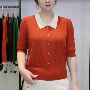 针织衫 夏季 中老年妈妈加肥加大宽松遮肉套头翻领中袖 时尚 上衣 新款