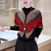 新款 女2026春季 气质百搭宽松显瘦妈妈上衣 针织衫 洋气提花烫钻长袖