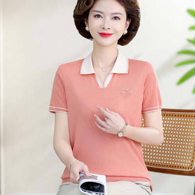 时尚翻领短袖中老年妈妈针织衫女