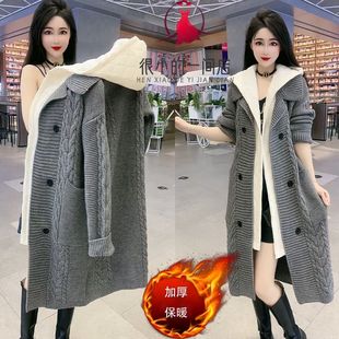 加厚毛衣 洋气宽松中长款 韩版 假两件连帽风衣外套女士2024秋冬新款