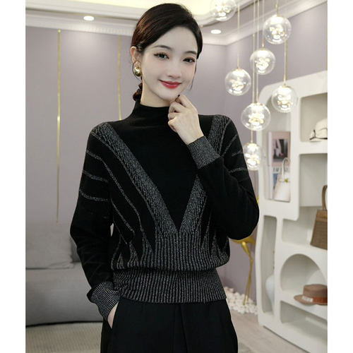 针织半高领拼色毛衣高端气质宽松