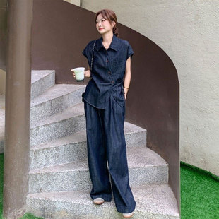 洋气不规则衬衫阔腿裤两件套2026夏季新款大码气质显瘦短袖套装女