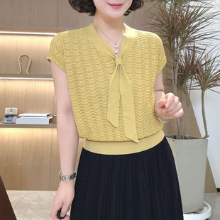 洋气减龄飘带波纹短袖针织衫女2025夏季新款宽松显瘦百搭妈妈上衣